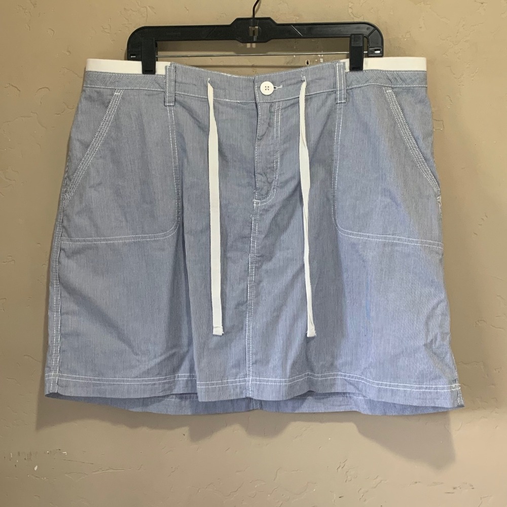 Faded Glory Plus Size Striped Skirt Skort Sz 18 Blue White Button Drawstring Y2K